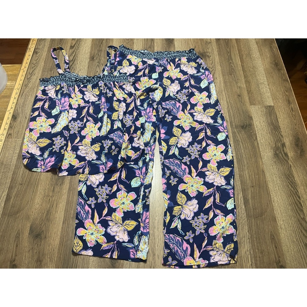 Jaclyn Intimates Pajama Set Women Large Blue Purple Yellow Floral Tank & Pants